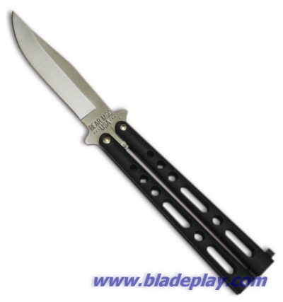 Bear Butterfly Knife Large w/ Black Handle (4" Satin Plain) 117B