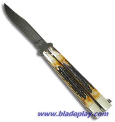 Bear Butterfly Knife w Stag Handle Damascus Blade (4" Plain) 517D