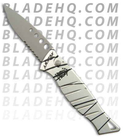 Piranha Amazon Automatic Knife Silver & Black Striped (3.5" Bead Serr)
