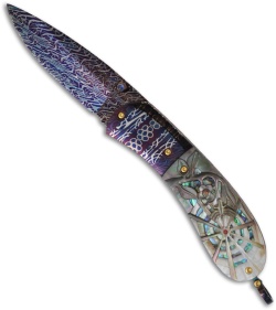 Suchat Jangtanong Mosaic Damascus Knife w/ Carved Black Lip Pearl and Abalone