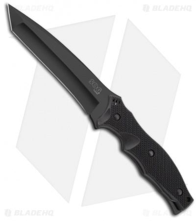 SOG Vulcan Fixed Blade Tanto Knife w/ Leather Sheath (5.3" Black Plain) VL-51