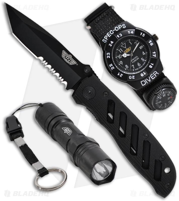 UZI Special Forces Flashlight Watch + Folding Knife Set Blade HQ