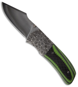 Burr Oak Knives Harpoon Knife Carbon Fiber/G-10 Folder (3.5" San Mai Damascus)