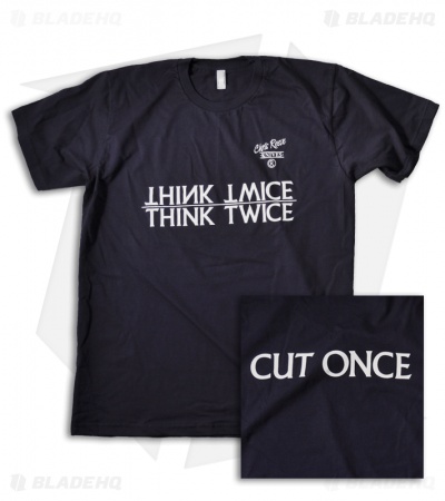 Chris Reeve Knives Navy Blue T-Shirt: Think Twice, Cut Once (Short Sleeve)