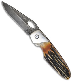 Bear Cutlery Damascus Sideliner Lock India Stag Bone Knife (3.2" Plain) 510D