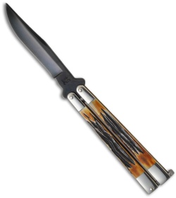 Bear Butterfly Knife w/ Genuine Stag Handle (4" Black Plain ) 517