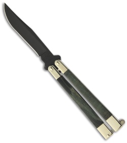 Bear Butterfly Knife w/ Curley Maple Green Handles (4.25" Black Plain) CMG17T