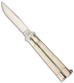 Bear Butterfly Knife w/ White Smooth Bone Handle (4.25" Satin Plain) WSB17