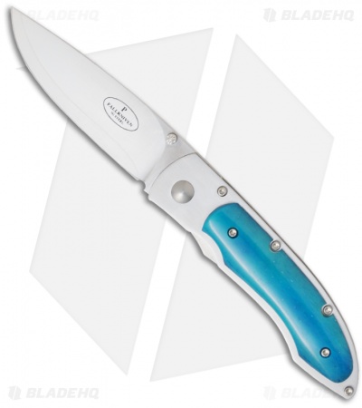 Fallkniven P3G Ocean Blue Bone Pocket Knife w/ Sheath (3" Satin Plain)