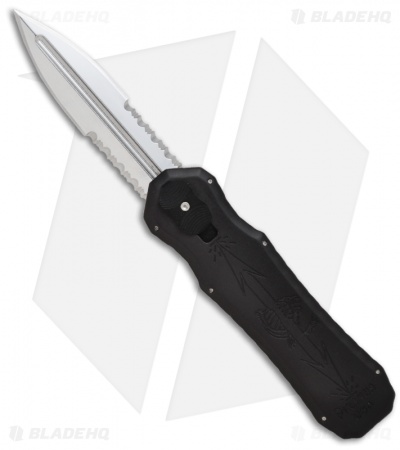 Piranha Black Excalibur OTF Knife Double Action Automatic (3.2" Mirror Serr)