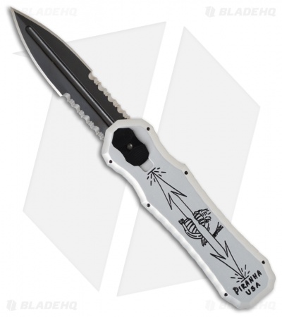 Piranha Excalibur OTF Knife Silver Double Action Automatic (3.2" Black Serr)