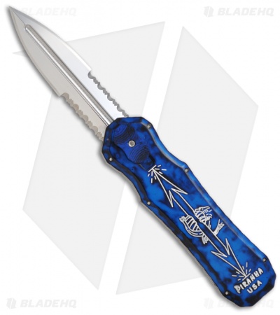 Piranha Blue Excalibur OTF Knife Double Action Automatic (3.2" Mirror Serr)