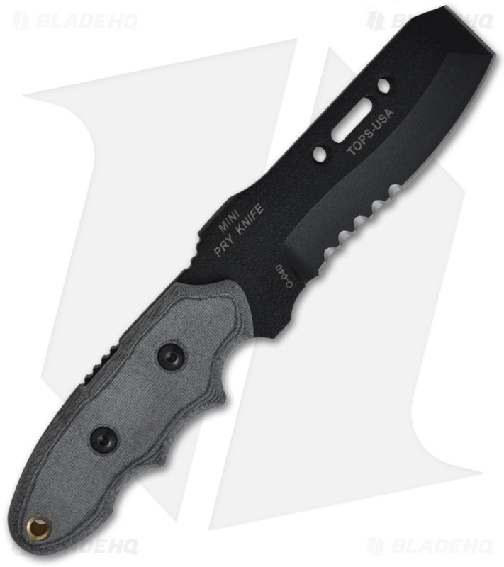 TOPS Knives Mini PRY Knife Fixed Blade Knife (3.5" Black Serr) MPK01 Blade HQ