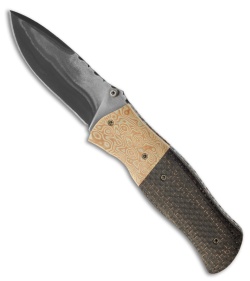 Burr Oak Knives Bull Pup Knife Folder Mokume & LSCF (3.5" San Mai Damascus)