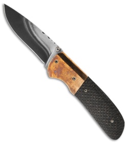 Burr Oak Knives Drop Point Folder LSCF Bronze (3.25" San Mai Damascus)