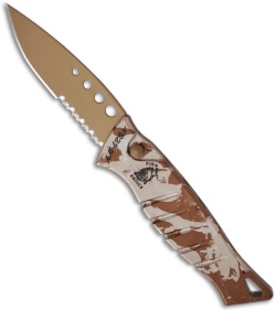 Piranha Amazon Desert Camo Automatic Knife (3.45" Bronze Serr)