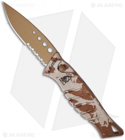 Piranha Amazon Desert Camo Automatic Knife (3.45" Bronze Serr)