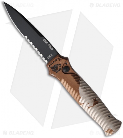 Piranha Mini-Guard Tactical Desert Camo Automatic Knife (2.9" Black Serr)