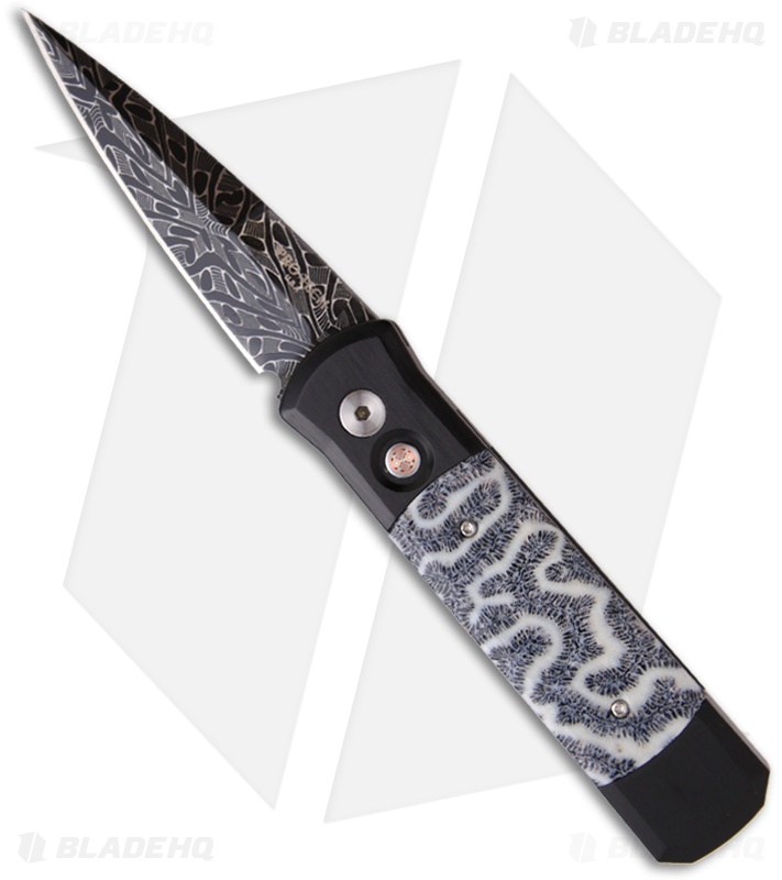 Protech Damascus Custom Godson Automatic Knife w/ Brain Coral (3.15