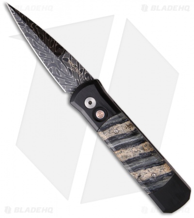 Protech Damascus Custom Godson Automatic Knife w/ Mastodon Tooth (3.15" Plain)