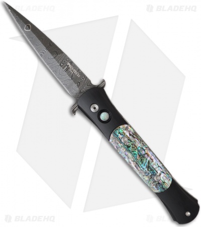 Protech The Don Custom Automatic Knife Black w/ Abalone Inlays (3.5" Damascus)
