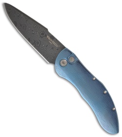 Protech Custom Blue Titanium Elishewitz Doru Automatic Knife w/ Damascus Blade