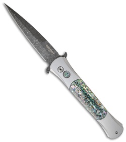 Protech Knives Large Don Steel Custom Knife w/ Mosaic Abalone (4.5" Damascus)