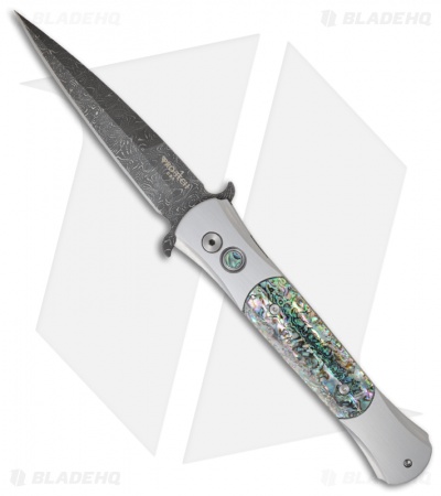 Protech Knives Large Don Steel Custom Knife w/ Mosaic Abalone (4.5" Damascus)
