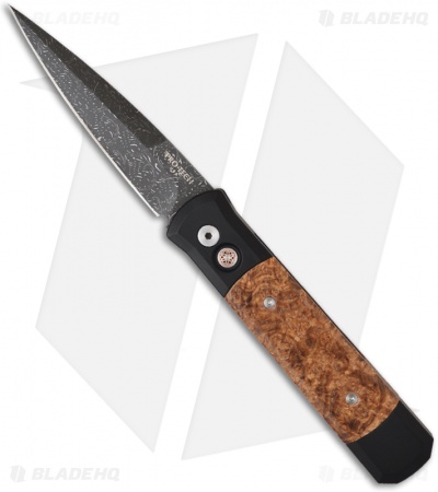 Protech Custom Godfather Automatic Knife w/ Black Ash Burl (4" Damascus) 906-D