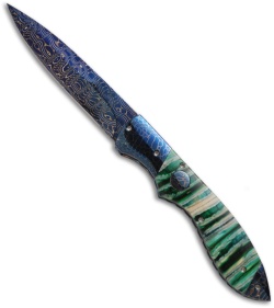 Rainy Vallotton Custom Wasp Automatic Knife w/ Green Molar (Damascus)