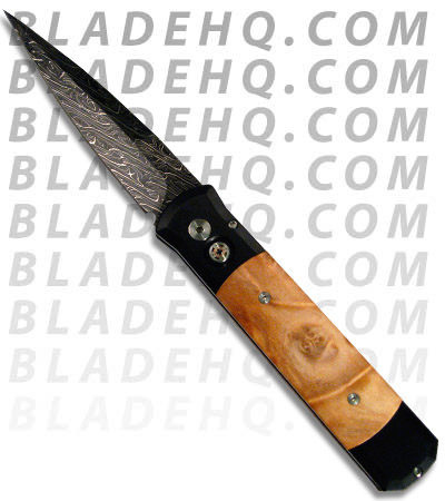 Pro-Tech Custom Godfather Automatic Knife Black w/ Burl Wood (4" Damascus)