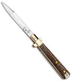 AGA Campolin 11" Frosolone Bayonet Stiletto Auto Knife Stag/Brass (5" Satin)