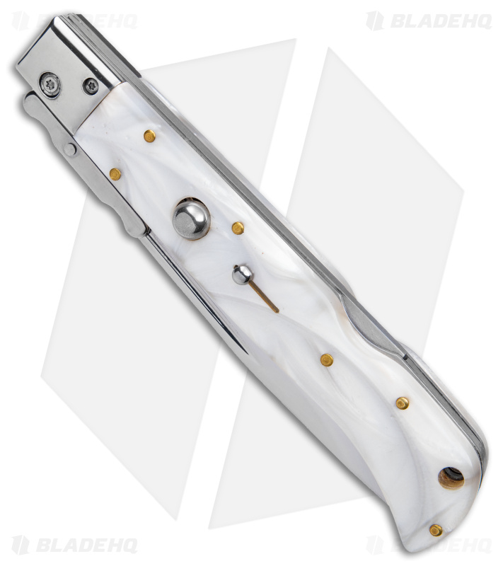 Italian Style 11" Roma Drop Point Auto Swinguard White Pearlex (4.6" Polished)