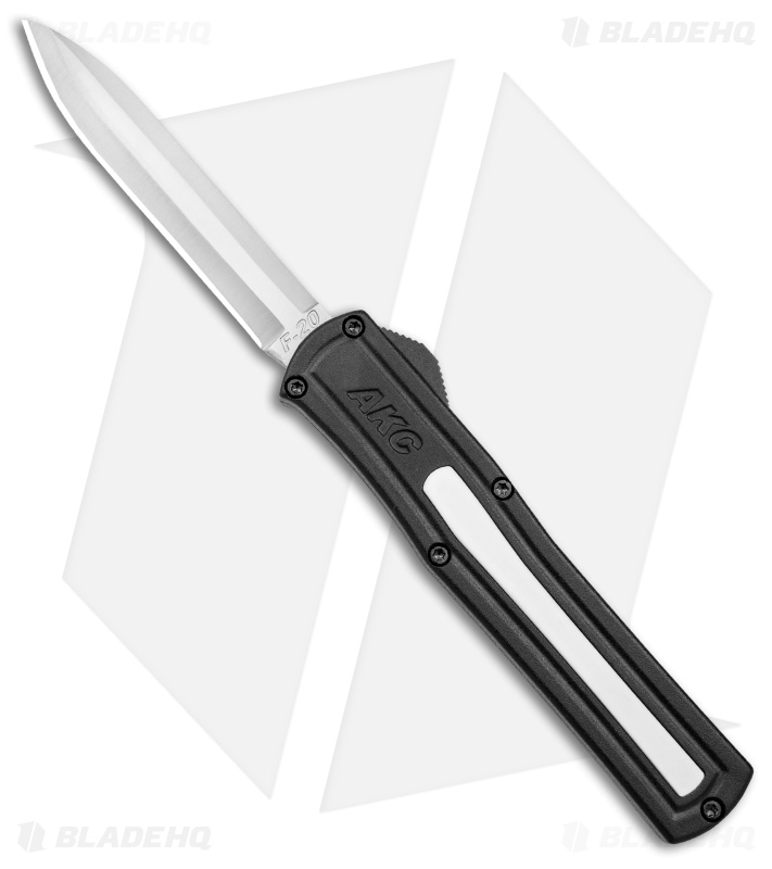 AKC F-20 D/A Spear Point OTF Automatic Knife Black w/ White Inlay (3.5" Satin)