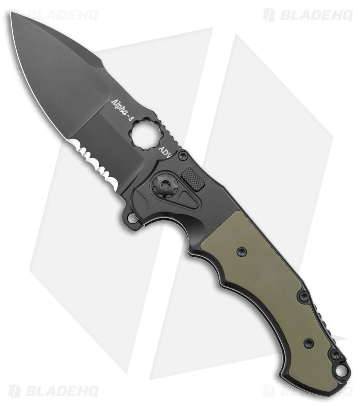 AdV Mini Alpha-S Knife | OD Green + Black Serr - Blade HQ