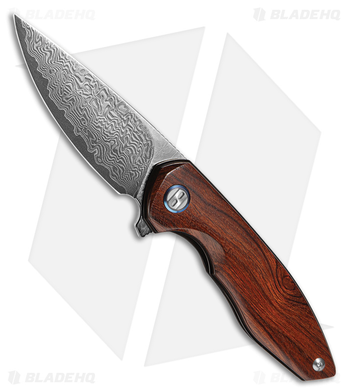 Bestech Knives Bambi Flipper Knife Ironwood/Blue Ring (3.1" Blasted Damascus)