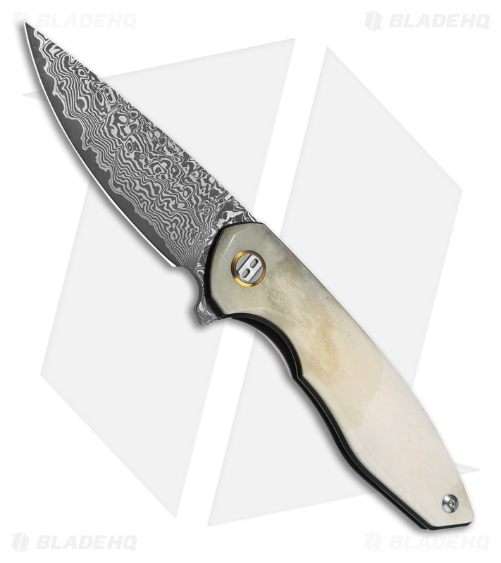 Bestech Knives Bambi Flipper Knife Ox Bone/Gold Ring (3.1" Etched Damascus)