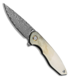 Bestech Knives Bambi Flipper Knife Ox Bone/Gold Ring (3.1" Etched Damascus)