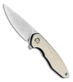 Bestech Knives Bambi Flipper Knife Ox Bone/Gold Ring (3.1" Polished Damascus)