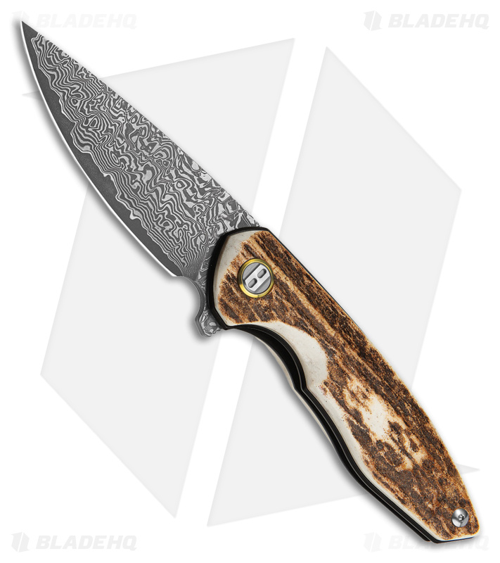 Bestech Knives Bambi Flipper Knife Stag/Gold Ring (3.1" Etched Damascus)