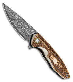 Bestech Knives Bambi Flipper Knife Stag/Gold Ring (3.1" Etched Damascus)