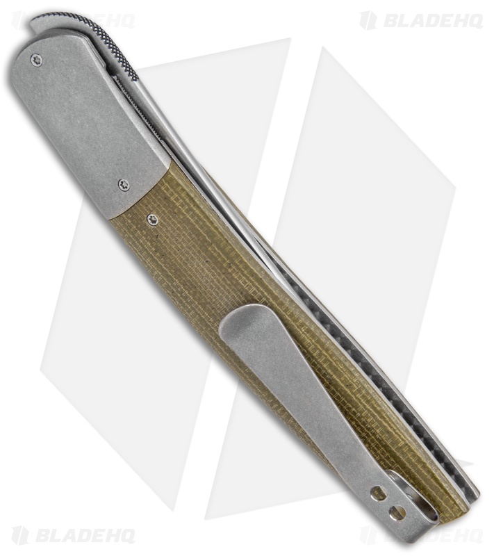 Brad Zinker Custom Knives Persian Front Flipper Knife Green Micarta (3.75" SW)