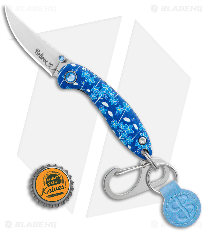 Brighten Blades BELIEVE Keychain Frame Lock Knife Blue Floral Al (1.7" Satin)