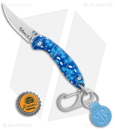 Brighten Blades BELIEVE Keychain Frame Lock Knife Blue Floral Al (1.7" Satin)