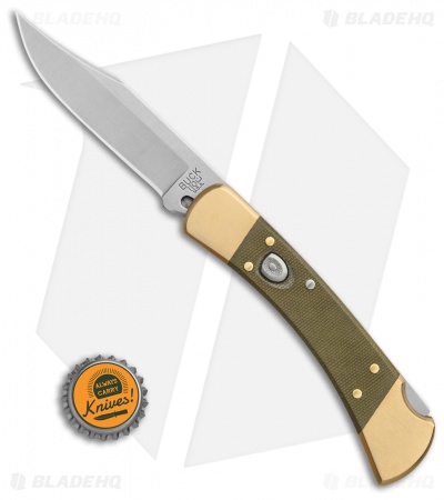 Buck 110 Automatic Knife OD Green Canvas Micarta/Brushed Brass (3.75" SW)