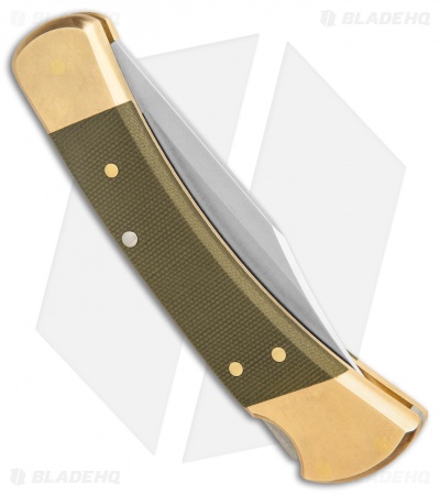 Buck 110 Automatic Knife OD Green Canvas Micarta/Brushed Brass (3.75" SW)