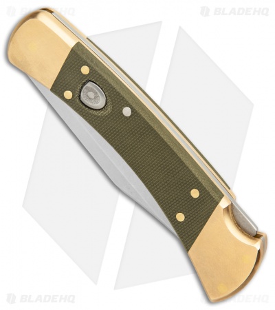 Buck 110 Automatic Knife OD Green Canvas Micarta/Brushed Brass (3.75" SW)