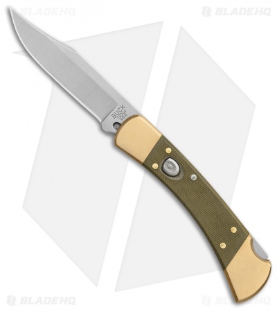 Buck 110 Automatic Knife OD Green Canvas Micarta/Brushed Brass (3.75" SW)