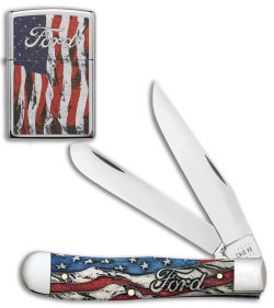 Case Cutlery Trapper Knife 4" Ford Zippo Gift Set Smooth Bone (6254 SS) 14331