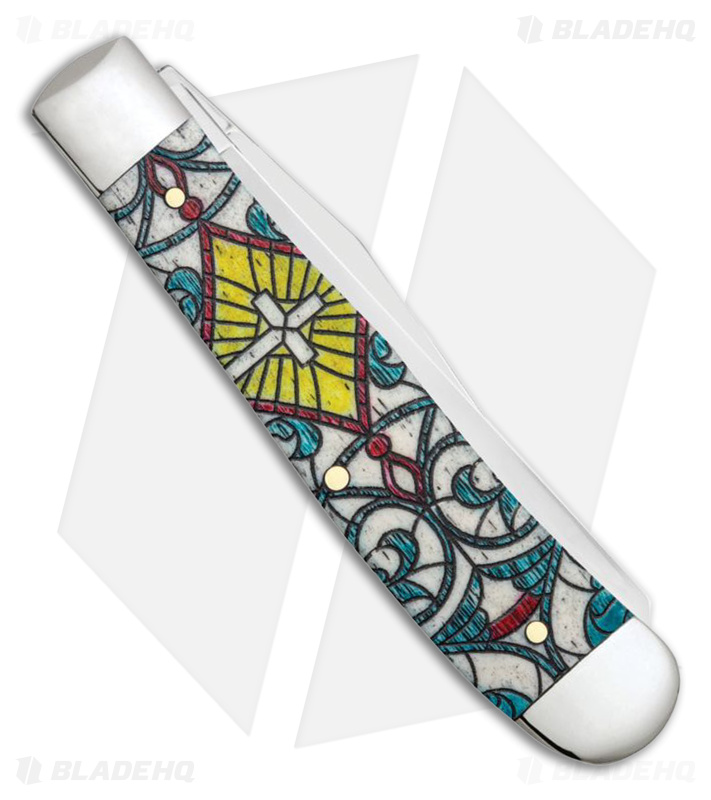 Case Trapper Knife 4.1" Cross Stained Glass Natural Bone (6254 SS) 38817